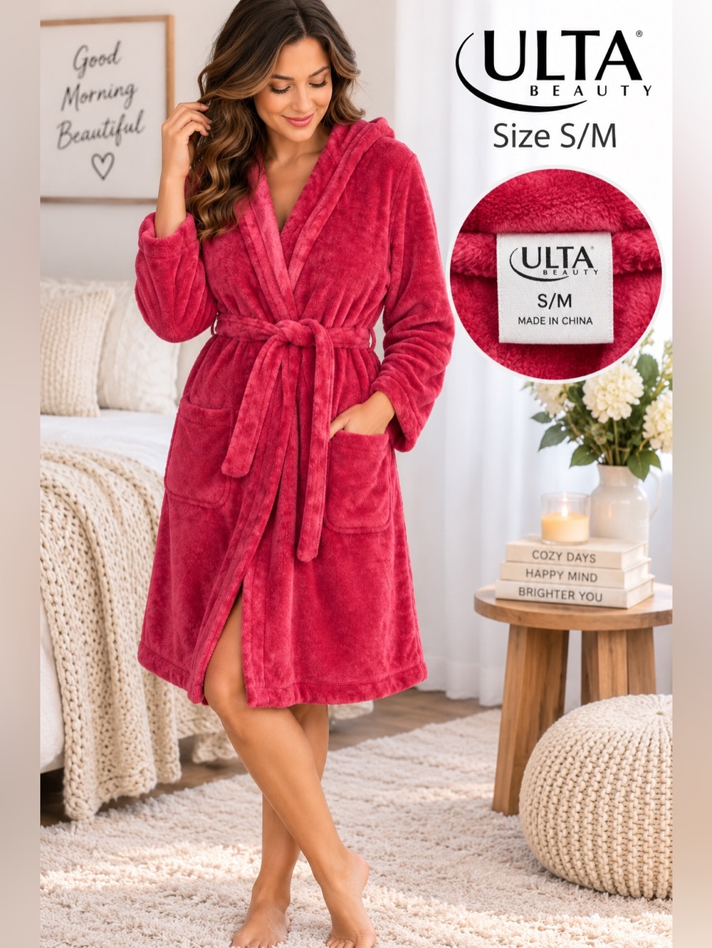 Ulta Beauty Plush Hooded Robe Size S/M Pink Fuchsia Cozy Bathrobe